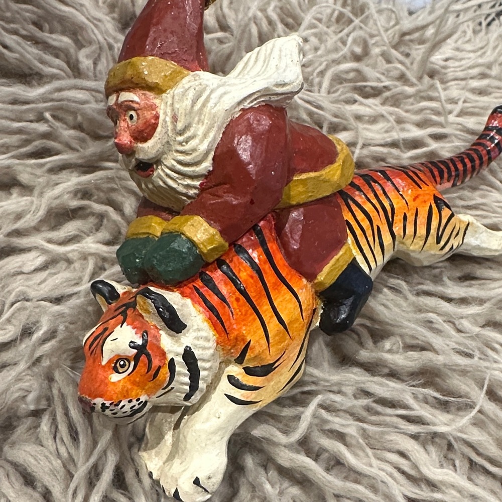 House of Hatten Susan M Smith Santa Riding Tiger 1995 vintage Christmas ornament